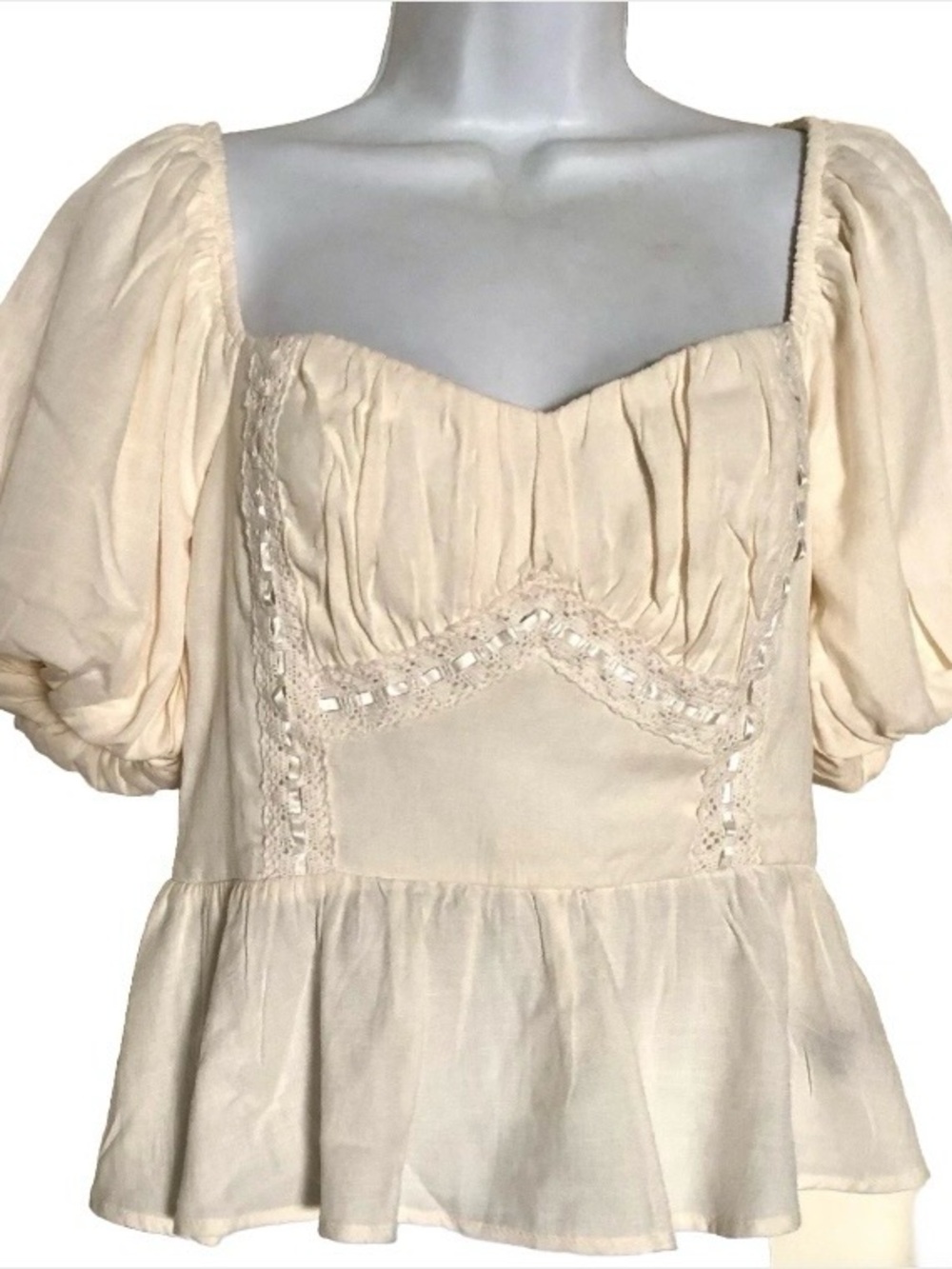 Trixxi Puff Sleeve Milkmaid Top Lined Ivory Cottage Peasant Boho L NWT